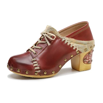 Женские туфли-лодочки из натуральной кожи с ручной росписью, Модная женская обувь на платформе с заклепками и завязками на толстом высоком каблуке для женщин