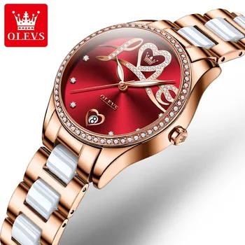 Женские часы OLEVS 6686 с керамическим ремешком, автоматические механические водонепроницаемые модные женские наручные часы с календарем