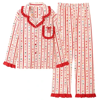 Женский пижамный комплект с отложным воротником, весенне-осенняя пижама из хлопкового трикотажа с длинным рукавом, женская пижама в цветочек
