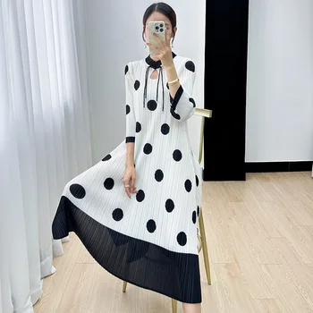 Женское плиссированное платье Miyake 2023, ранняя осень, новое модное высококачественное платье миди в горошек со стоячим воротником и семью рукавами