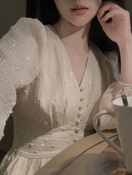 Женское элегантное платье с длинным рукавом, Сказочное вечернее офисное платье, женское сексуальное тонкое длинное шифоновое платье с V-образным вырезом, весенне-осенняя одежда 2023 года.
