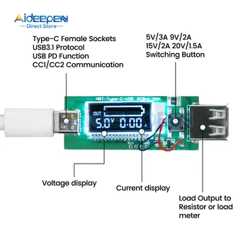 ЖК-дисплей PD Протокол быстрой зарядки Модуль запуска обмана Платы быстрой зарядки Type-c Вход 5V/3A 9V/2A 15V/2A 20V/1.5A