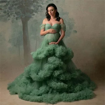 Зеленые платья для беременных для фотосессии, сексуальные платья с открытыми плечами, многоуровневые оборки, тюлевые платья для выпускного вечера для беременных, детский душ на заказ