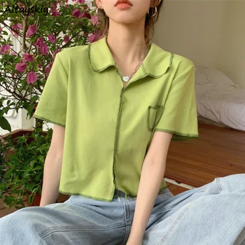 Зеленые футболки Женские Свободные Летние В корейском стиле Простые универсальные Ins с отложным воротником, стиль колледжа, мода Ulzzang Vintage