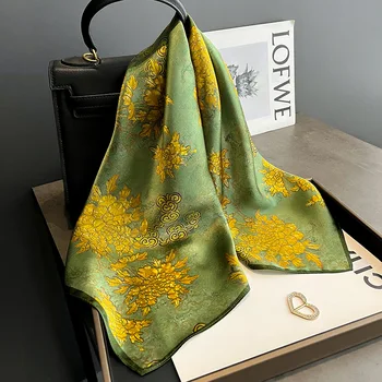 Зеленый и золотистый шарф из шелка шелковицы с цветком пиона, модный 70 см, средний и маленький квадратный шарф, высококачественный шелковый шарф