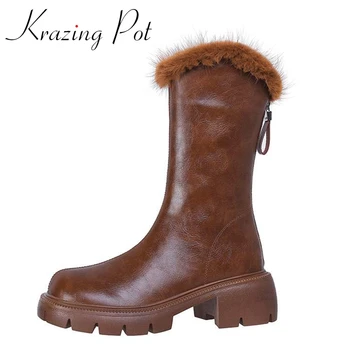 Зимние ботинки Krazing Pot из коровьей кожи с круглым носком на толстом высоком каблуке, сохраняющие тепло, на платформе и молнии, Винтажные офисные женские ботинки до середины икры