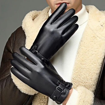 Зимние мужские перчатки, черные перчатки и варежки из искусственной кожи, сохраняющие тепло, ветрозащитные перчатки для вождения с сенсорным экраном, мужские деловые повседневные перчатки