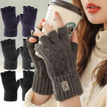 Зимние рабочие перчатки из флиса, защищающие от холода, утолщенные вязаные шерстяные перчатки, мужские Женские однотонные Простые удобные варежки