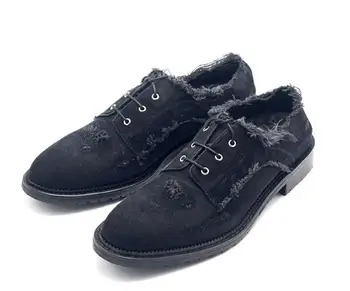 Зимняя высококачественная модная джинсовая повседневная обувь с острым носком, черная мужская обувь ручной работы на шнуровке