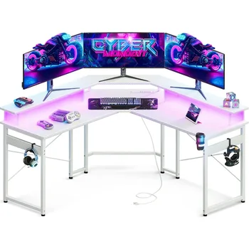 Игровой стол L-образной формы со светодиодной подсветкой и розетками, 51-дюймовый компьютерный стол с подставкой для монитора, угловой стол с подстаканником