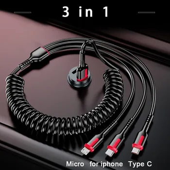 Кабель для быстрой зарядки Type C 3A Micro USB Пружинный автомобильный USB-кабель для аксессуаров для телефонов