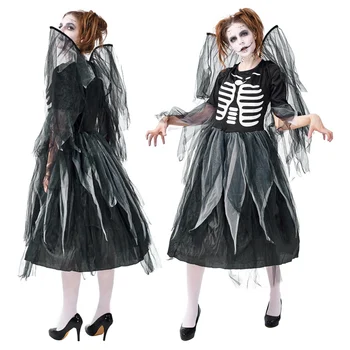 Карнавальный костюм на Хэллоуин для взрослых с принтом зомби-скелета, комбинезон падшего темного ангела, газовая юбка, платье вампира 