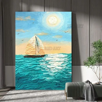 Картина с большой парусной лодкой, Текстура ручной работы, Морской пейзаж, картина маслом, холст, декор стен, художественный плакат с ножом для гостиной