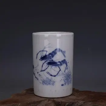 Китайский Сине-Белый Фарфор 4,8 дюйма Ручной Росписи Креветки Дизайн Кисти Горшок для Декоративного Дисплея Коллекционный Подарок