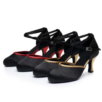 Классические женские туфли для латиноамериканских танцев, женские атласные босоножки для бальных танцев, танго, джаза, мягкая замшевая подошва, каблук 5 см / 7 см, 2 цвета