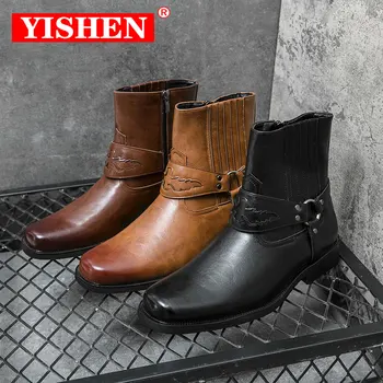 Кожаные ботинки YISHEN, мужская обувь, ботильоны, ковбойская обувь в западном стиле, коричневые мотоциклетные ботинки, обувь для отдыха в стиле ретро на молнии, Botas De Piel