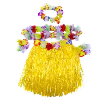 Комплект юбок из травы Гавайский костюм Юбка для тропической вечеринки Цветочная повязка на голову Набор браслетов с гирляндой на шее для костюма для пляжной летней вечеринки
