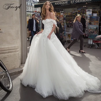 Кружевные свадебные платья трапециевидной формы Traugel, элегантные аппликации, платье невесты с открытыми плечами, свадебные платья со шлейфом