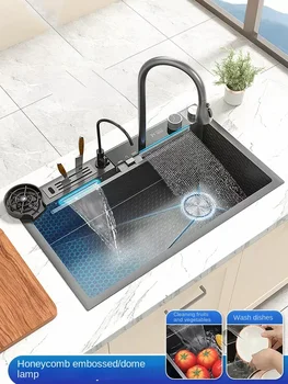 Кухонная раковина с водопадом из нержавеющей стали, цифровой дисплей с тиснением, Большая многофункциональная раковина с одним слотом, Посуда для кухни