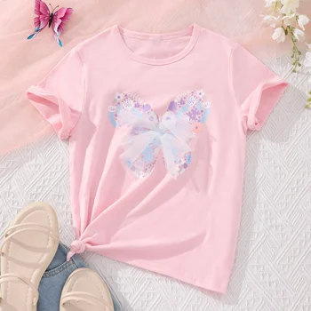 Летняя детская повседневная свободная одежда для девочек, облегающая круглый вырез, короткие рукава, сетчатая футболка с бабочкой, одежда для девочек