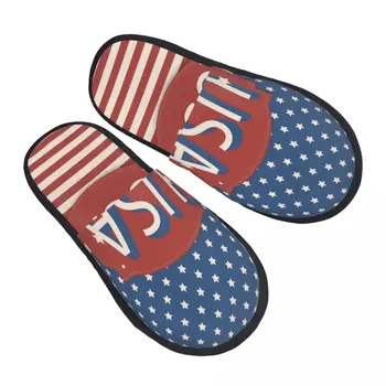 Меховые тапочки для женщин и мужчин, модные пушистые зимние теплые тапочки с флагом США, винтажная домашняя обувь с этикеткой