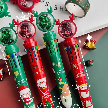 Милая рождественская шариковая ручка 10 цветов, Лось с блестками, Санта-Клаус, Выдвижная Многоцветная ручка, Подарок, Школьные канцелярские принадлежности
