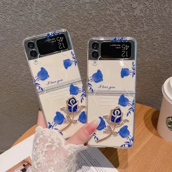 Милый Роскошный Летний Синий Цветок С Бриллиантами 3D Чехол Для Телефона Samsung Galaxy Z Flip 3 4 5G F7110