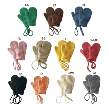 Модные детские перчатки с полными пальцами, теплые детские вязаные варежки, уличные перчатки для малышей с цепочкой на шею для 1-4 лет