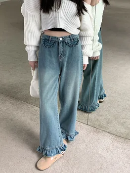 Модные джинсы с оборками, Женские Широкие брюки, Джинсы в стиле Ретро, Шикарная Корейская версия Джинсов с высокой талией, Прямые брюки Kawaii Y2K