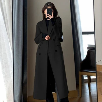 Модный зимний тренч для женщин, элегантное Корейское повседневное двубортное шерстяное пальто, Длинная куртка, Черная Офисная Женская Свободная верхняя одежда