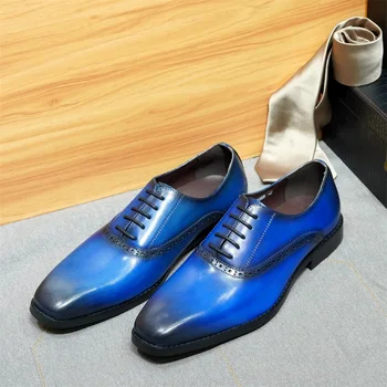 Мужская кожаная обувь из натуральной воловьей кожи, синие модельные туфли ручной работы на шнуровке, Итальянская роскошная мужская обувь, Оксфорды, Офисная деловая обувь