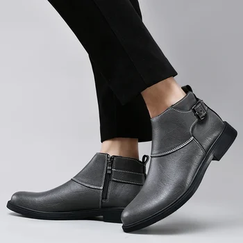 Мужская обувь 2023, Модные Мужские ботинки с пряжкой на ремне, высококачественные Мужские кожаные ботильоны с перекрестной шнуровкой и круглым носком, сшитые вручную