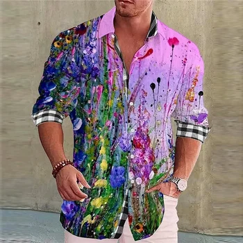 Мужская рубашка Креативный красочный костюм с цветочным рисунком, лацкан с длинным рукавом, Мода Повседневная 2023, Новый дизайнерский дизайн, Мягкий удобный материал
