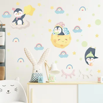 Мультяшный пингвин Радужные звезды Украшение стен детской спальни детского сада Наклейки на стены украшения стен гостиной манга
