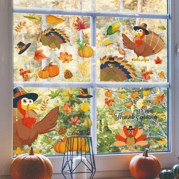 Наклейки на стену в день благодарения: статичный декор окна с индейкой, тыквой и осенними листьями для наклейки на зеркало в гостиной