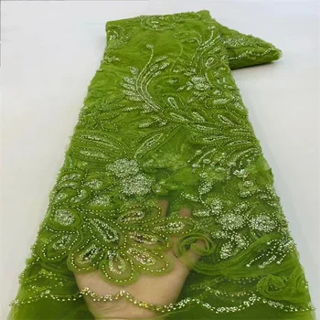 Новейшая Королевская Африканская кружевная ткань 2024 Зеленого Цвета, Высококачественная Нигерийская кружевная ткань из бисера, Последовательность вышивки, Тюлевые ткани, Свадьба