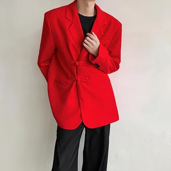 Новый китайский красный костюм, блейзер, мужской однотонный костюм с отложным воротником, Стильные свободные блейзеры, Мужская уличная одежда, Повседневная куртка