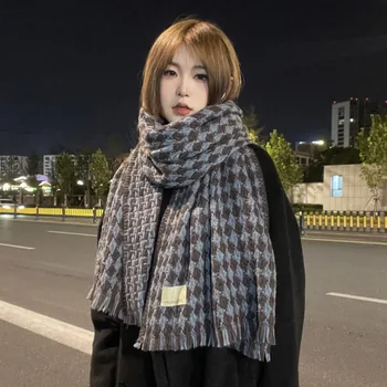 Новый корейский Маленький клетчатый шарф, Осенне-зимний Женский Ретро-джокер, Корейская модная шаль, утолщенный студенческий теплый нагрудник