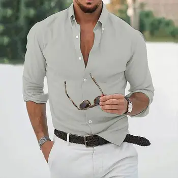 Однобортная мужская рубашка приталенного покроя, мужская рубашка с лацканами и длинным рукавом, однотонная однобортная рабочая одежда для повседневного простого стиля