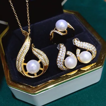 Ожерелье из натурального пресноводного жемчуга, модное универсальное кольцо с подвеской, серьги-гвоздики, набор из трех предметов, изысканный орнамент