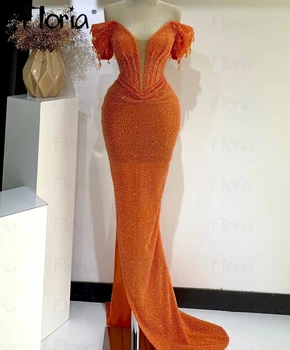 Оранжевое вечернее платье Aso Ebi, расшитое бисером, Дубай, свадебные платья русалки с открытыми плечами, арабские роскошные платья знаменитостей, одежда на день рождения