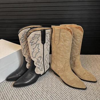 Осенне-зимние женские ботинки до середины икры из натуральной кожи 22-24,5 см, коровья замша/воловья кожа + свиная кожа, современные ботинки с вышивкой в западном стиле