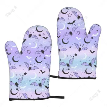 Перчатки для духовки Gradient Purple Bats Gothic Moon, 2 шт. для мужчин и женщин, Термостойкие кухонные принадлежности для приготовления барбекю, один размер