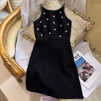 Платье с открытой спиной на подвесном ремешке, Новейшее Дизайнерское Модное женское Сексуальное черное платье со стразами и бриллиантами 2023 года