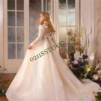 Платье с цветочным узором для девочки, Пышный тюль, Кружевная аппликация из бисера, Блестящее свадебное платье с милым цветком для первого Евхаристического дня рождения ребенка