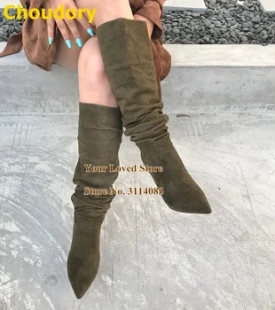 Плиссированные сапоги до колена на высоком каблуке Choudory, Модельные ботинки на шпильке С острым носком, Армейские Зеленые Кофейные Высокие сапоги без застежки