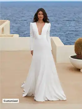 Пляжное свадебное платье с глубоким V-образным вырезом, Атласное свадебное платье Русалки с длинными рукавами 2024 noiva, большие размеры, свадебные платья, пуговицы сзади