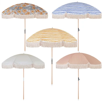 Пляжные зонтики с кисточками, Роскошные портативные винтажные деревянные шесты в стиле бохо, уличные зонтики от солнца с белой бахромой, без основания, сад на заднем дворе