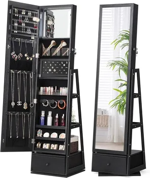 Поворотный Ювелирный шкаф на 360 ° с Подсветкой, Туалетное Зеркало с Сенсорным экраном, Поворотное зеркало в Полный рост для хранения ювелирных изделий, Черный