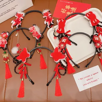 Повязка на голову в китайском стиле Hanfu, милая повязка на голову с жемчугом и красным Цветком, Древний Парик с косичкой, Новогодние Головные уборы для детей